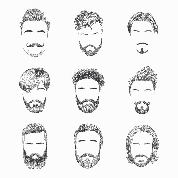 Peinados para hombres barbas y bigotes gentlmen cortes de pelo y  afeitados dibujado a mano ilustración  Vector Premium